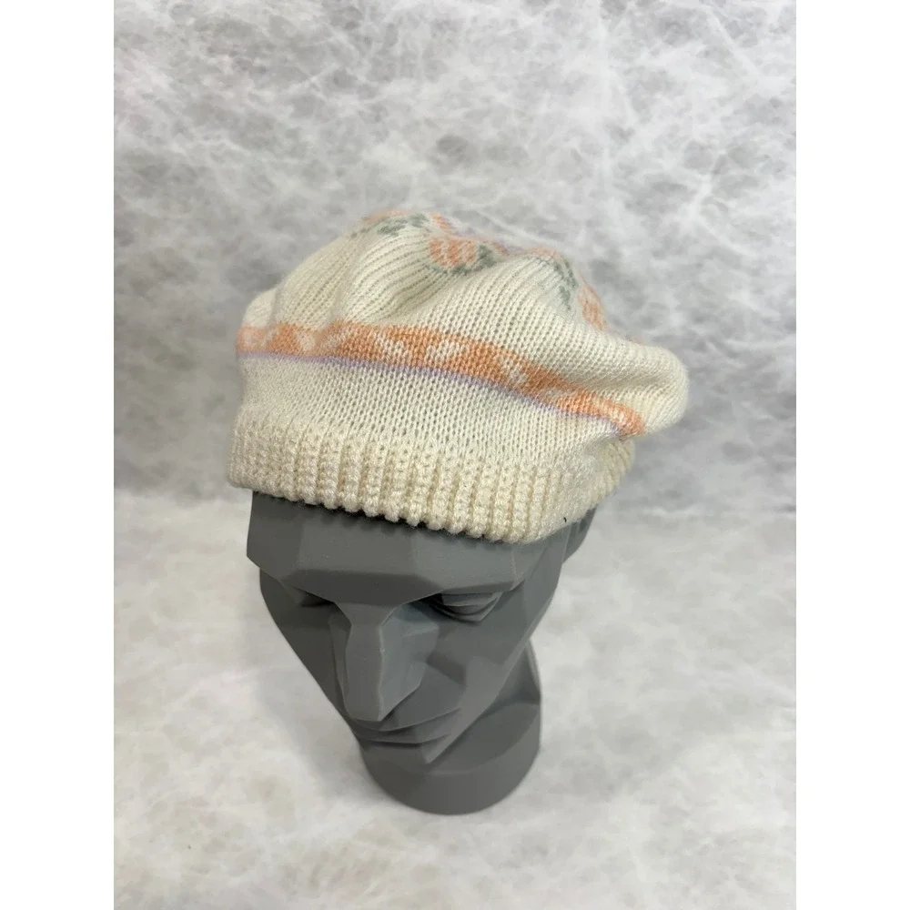 English Village‎ Vintage Knit Beret Hat Cream Floral Pastel Fair Isle Acrylic